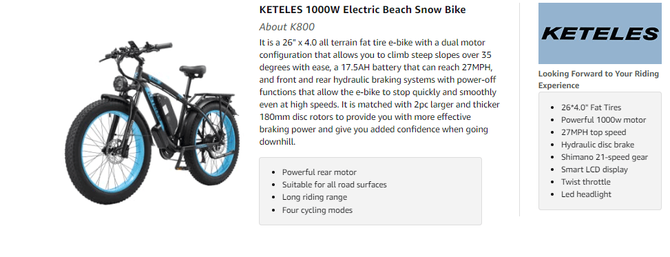 KETELES K800 1000W Electric Bike for Man, 17.5AH Battery with Powerful Motor Electric Beach Snow Bicycle Hydraulic Disc Brake Electric City Bike Up to 27MPH All Terrain 26 Fat Tire Ebikes for Adults