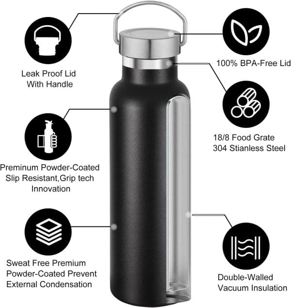 Vacuum Insulated Double Wall Travel Bottle with Leak Proof Lid of Handle,Metal Reusable Standard Mouth Flask Thermoses for School,Hikers,Gift