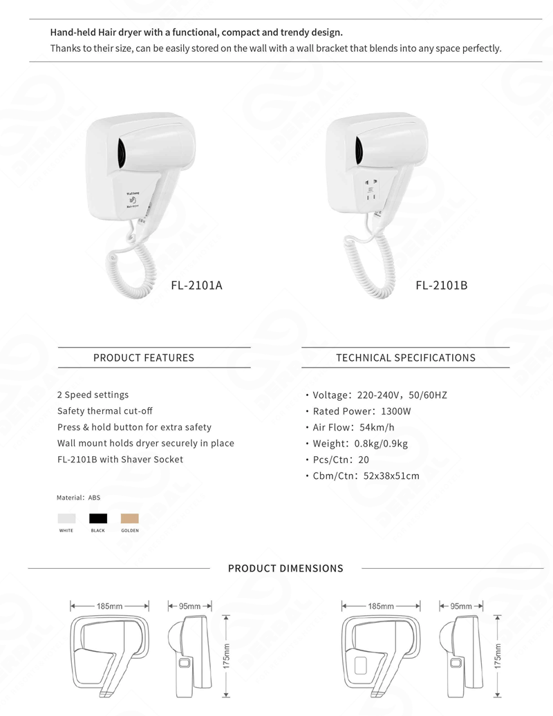 Hotel Hair Dryer Wall Mounted Hair Dryer for Resorts