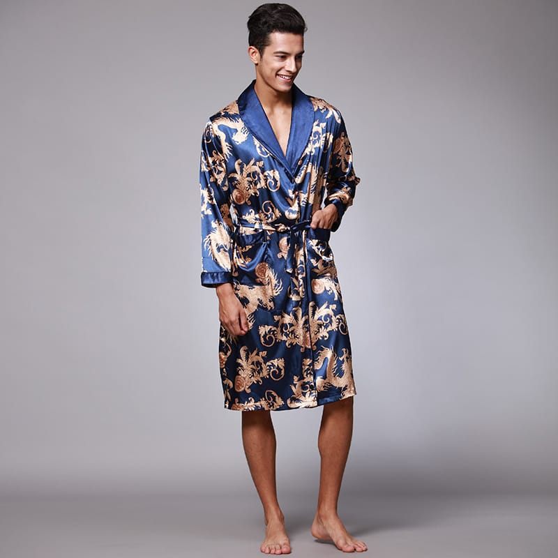 Luxurious Kimono Soft Satin Robe with Shorts Nightgown Long-Sleeve Pajamas Printed Bathrobes