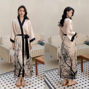 Luxurious Kimono Soft Satin Robe with Shorts Nightgown Long-Sleeve Pajamas Printed Bathrobes