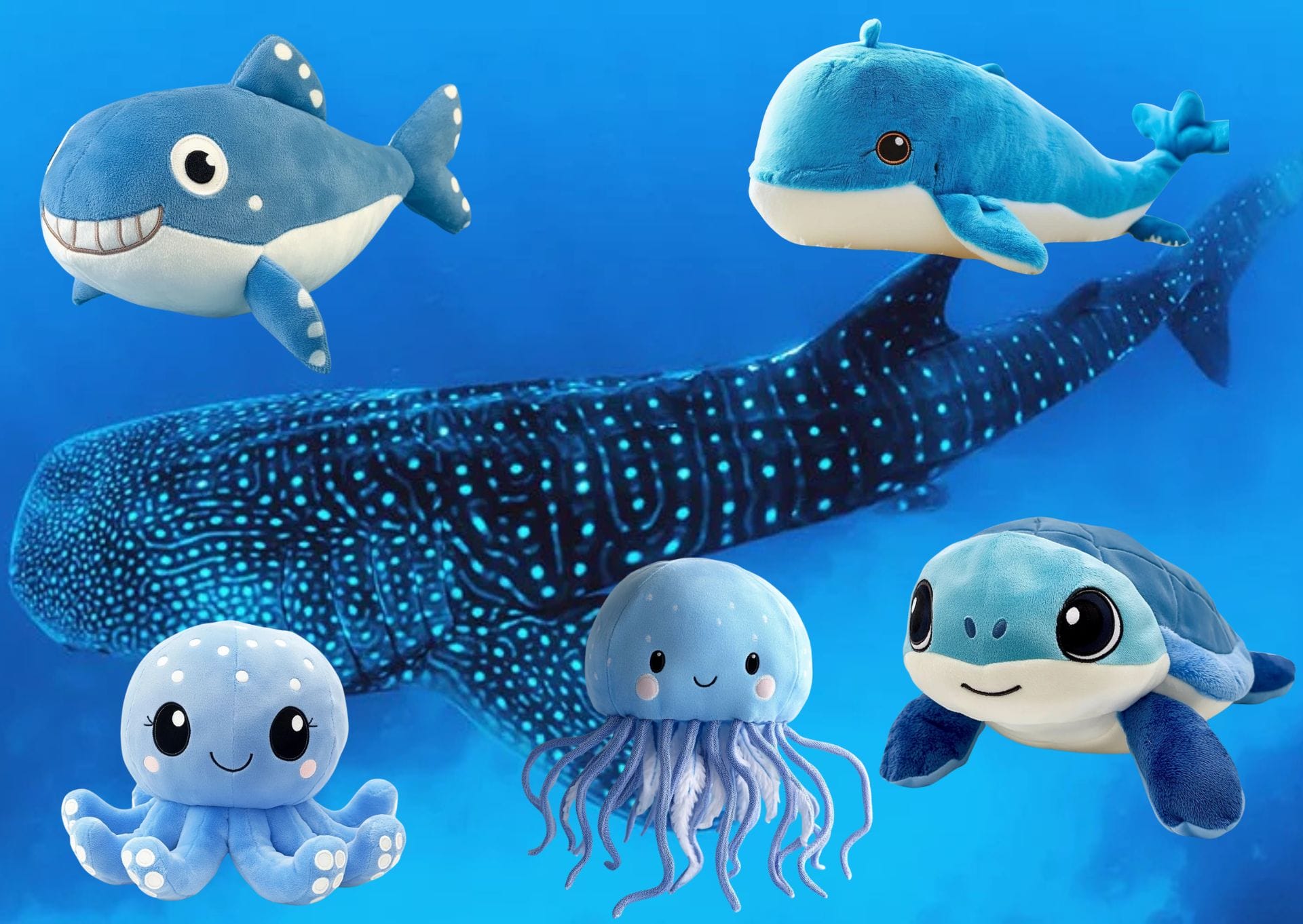 Recycled-material soft turtle and dolphin plush toys displayed in a luxury hotel kids' club with ocean-themed decor.