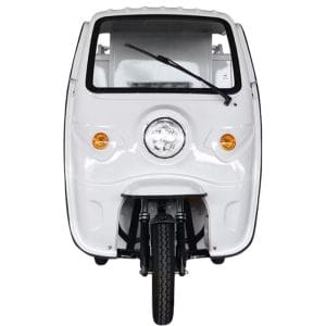 Green electric cargo triycle stocked with folded pool towels at Seychelles beachfront hotel, 50-60km per charge