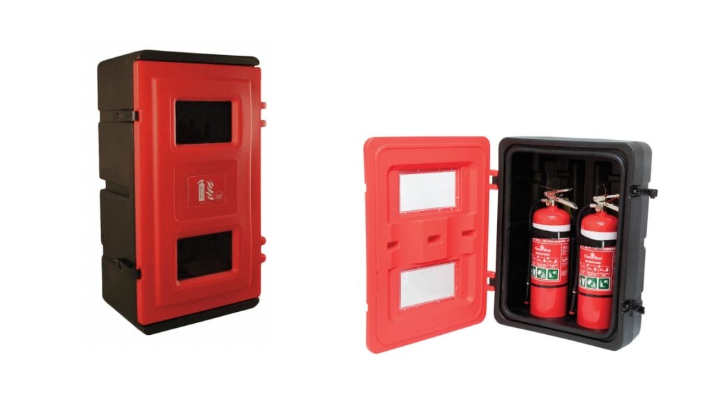 OSHA-compliant stainless steel fire extinguisher cabinet in hotel corridor with bilingual safety labels and tamper-proof latch