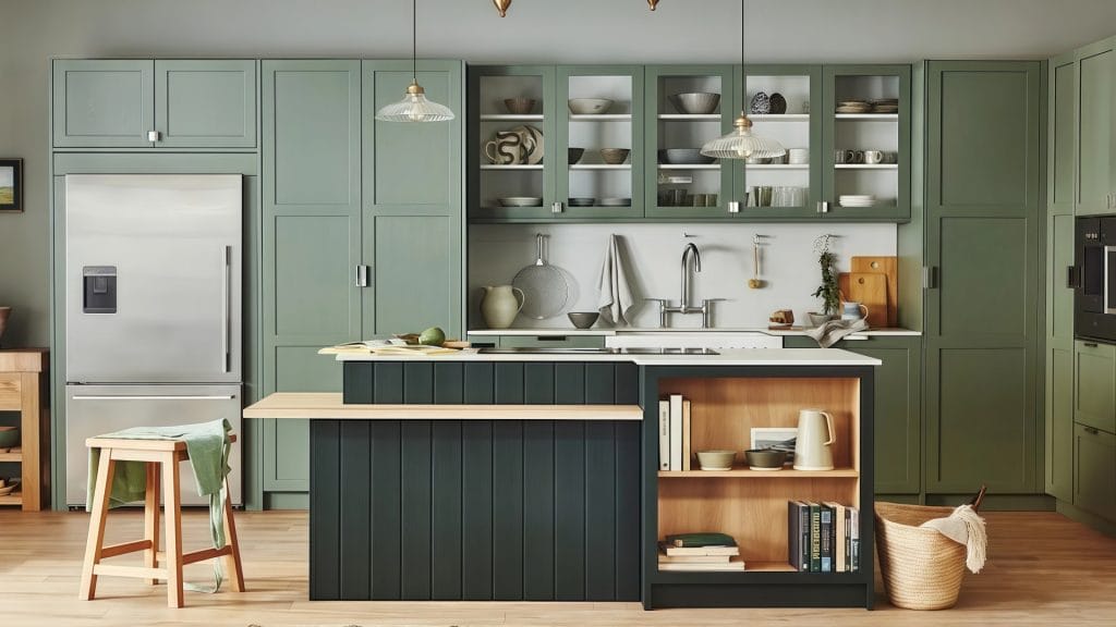Matte black kitchen island with built-in wine cooler and breakfast bar in a contemporary open-plan design