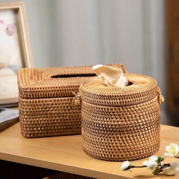 Aromatherapy rattan tissue container with essential oil diffuser holes