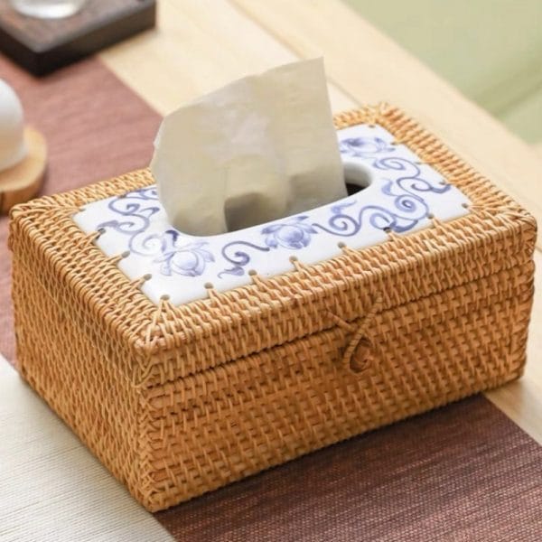 Geometric rattan container with brass accent hardware