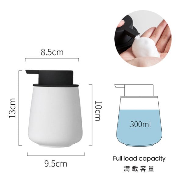 Mini ceramic soap dispenser on marble countertop, space-saving design for boutique hotels
