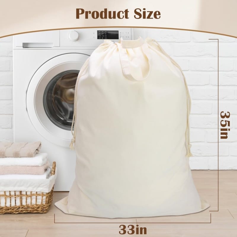 Oversized canvas laundry bags in earthy green tones, stacked in a Seychelles eco-resort storage room with biodegradable detergent pods.