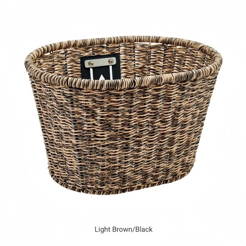 Sustainable bike basket made of 100% recyclable PE rattan, FSC-certified bamboo bracket
