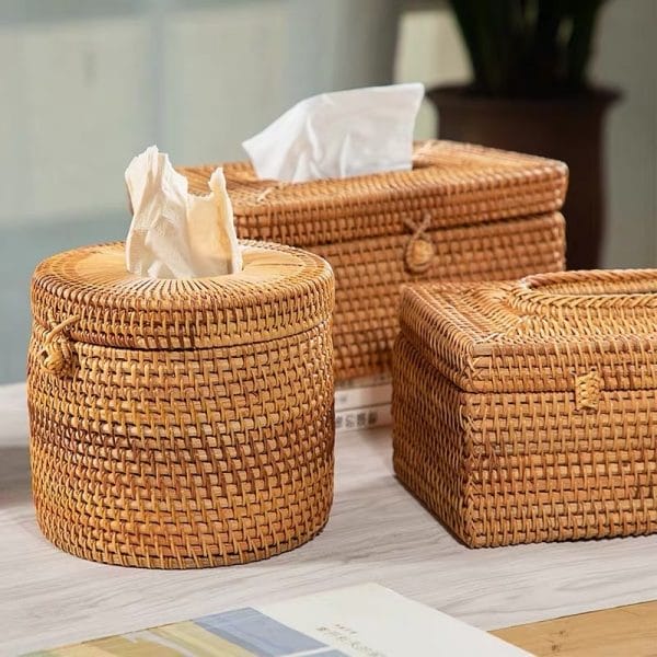 Weatherproof rattan box with UV-resistant coating, holding cocktail napkins
