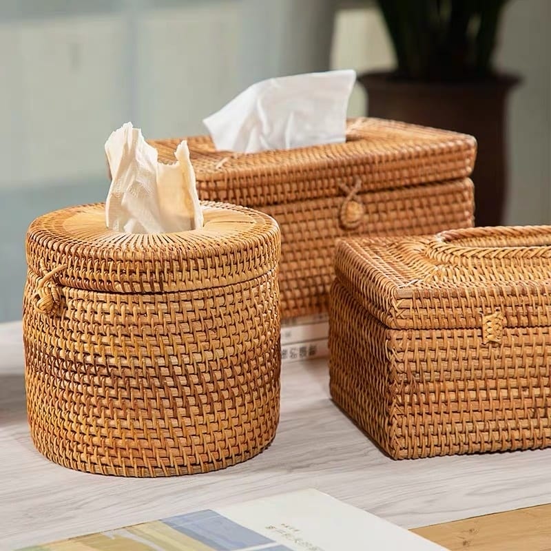 Weatherproof rattan box with UV-resistant coating, holding cocktail napkins