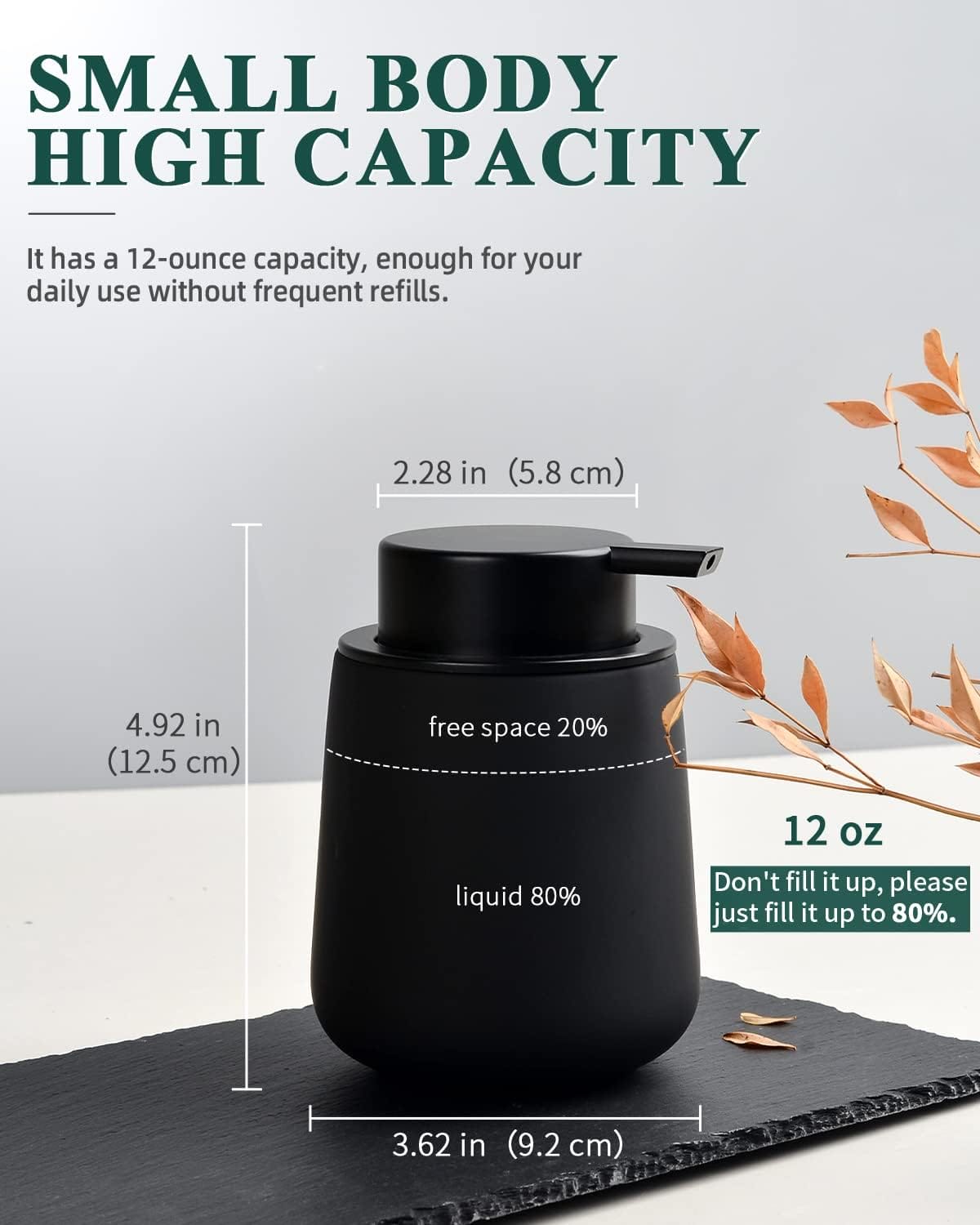 Black ceramic soap dispenser with non-slip rubber base in modern bathroom, hotel room decor