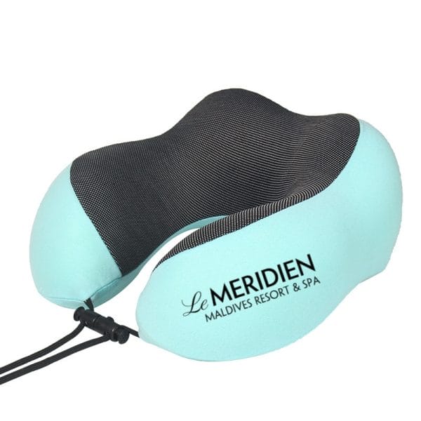 Luxury travel pillow with hotel-logo embroidery, 12 color options, AED 500+ bulk discounts