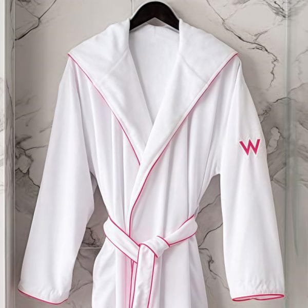 White Microfiber Bath Robe with Gold Trim in Dubai 5-Star Resort Spa-microfiber bathrobe decathlon