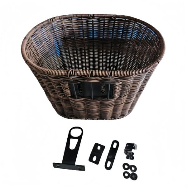 Handwoven plastic PE rattan bike basket with ED lamp bracket for luxury hotel bike racks, coastal resort durability