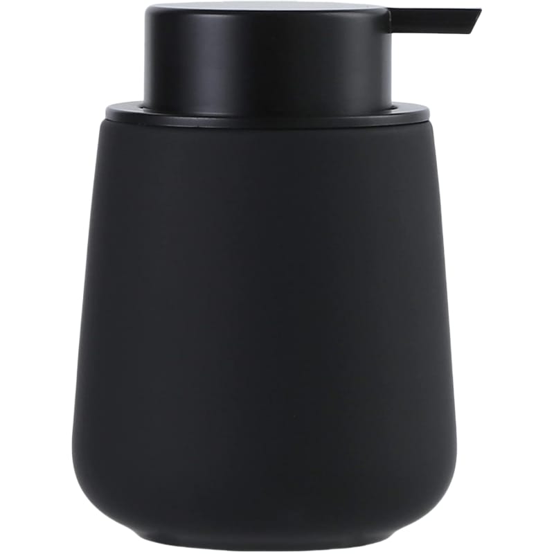 Ceramic soap dispenser bottle with matte gold finish, hotel bathroom interior, eco-friendly design.