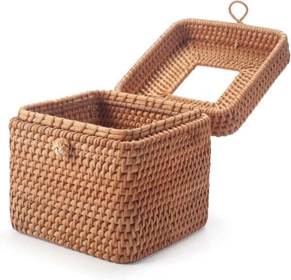 Handwoven rattan tissue box with waterproof liner, ideal for beachfront hotel bathrooms and spa areas