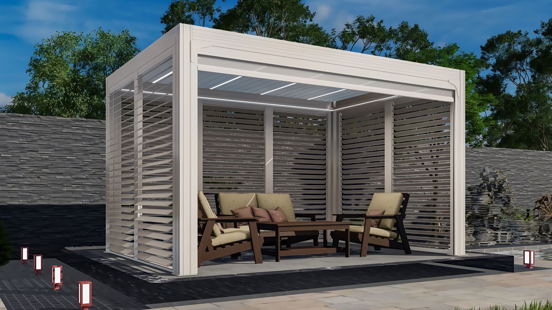 FSC-certified teak pergola with marine-grade aluminum frame for luxury villas