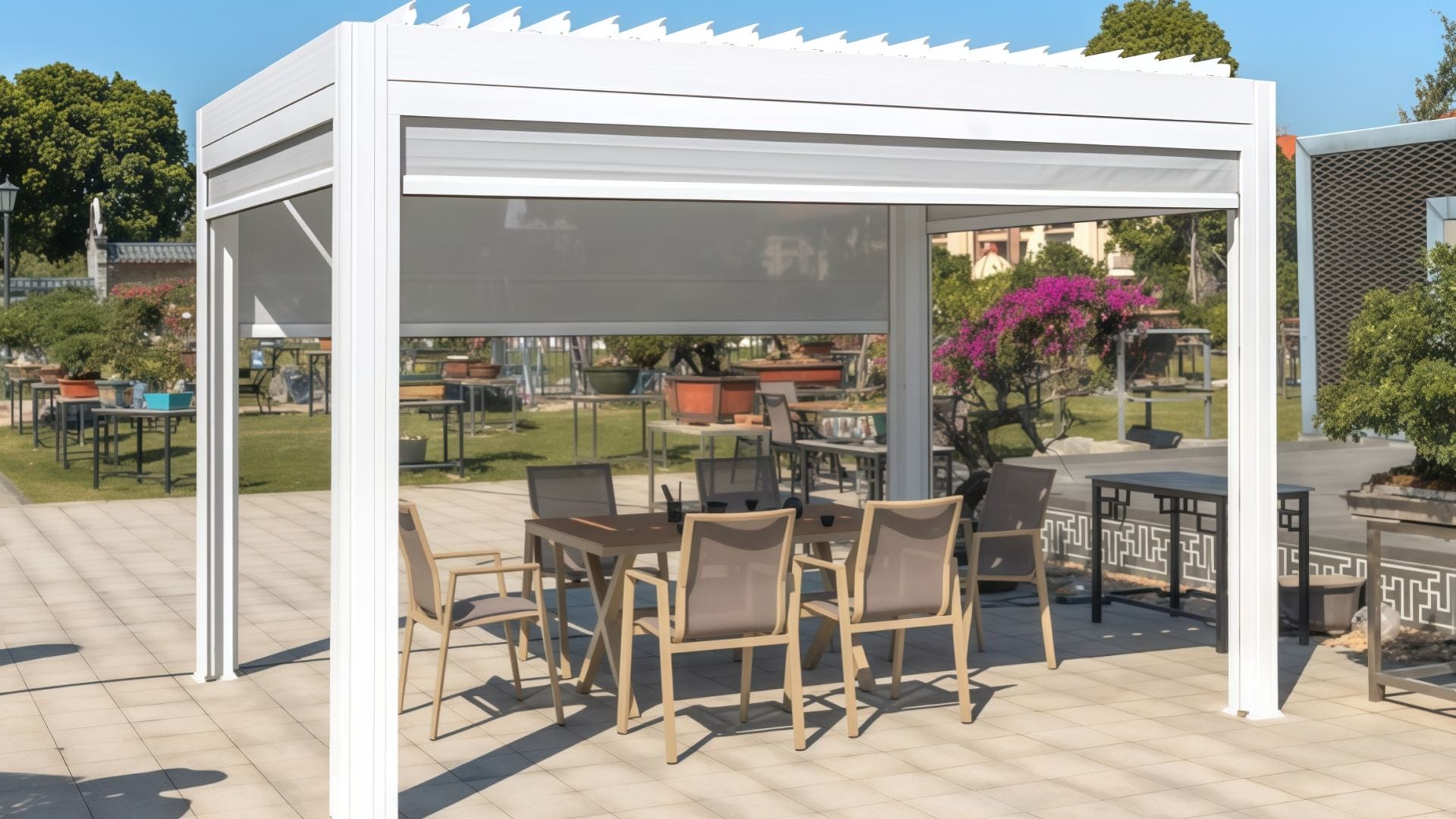 IoT-enabled retractable pergola with weather sensors and LED lighting for hotels and resorts-pergolas