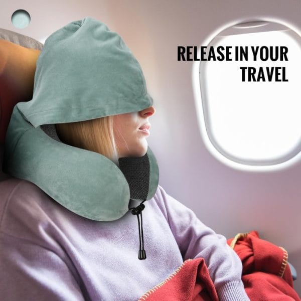 Travel neck pillow with memory foam support for airplane comfort, ergonomic design for cervical alignment