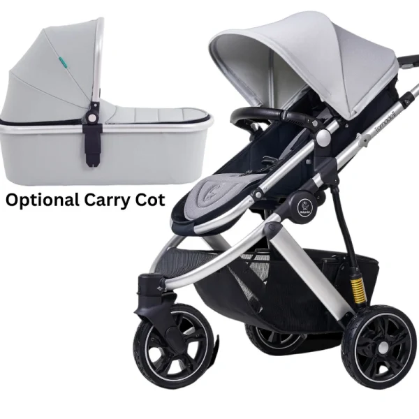 Babyruler Stroller in a modern hotel lobby, premium grey color, compact design for family-friendly hospitality spaces