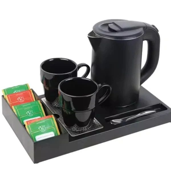 Modular electric kettle tray set for hotels featuring main tray, service tray, and tea/coffee organizer