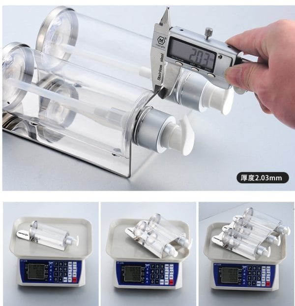 DERBAL's wall-mounted soap dispenser with rust-proof pump, showing sealed silicone gaskets and 300ml capacity markers on each compartment, next to a 'No Leaks' certification sticker.