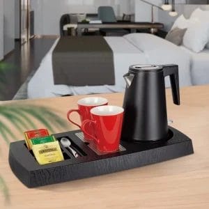 DERBAL 1.8L stainless steel hotel electric kettle with spill-proof ABS tray on minibar counter