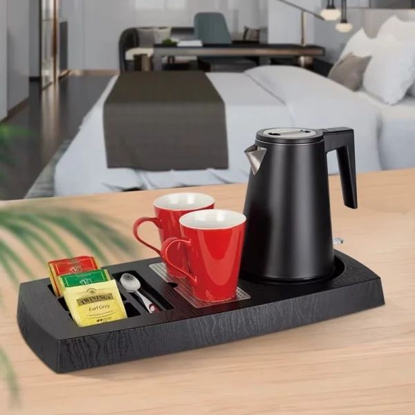 DERBAL 1.8L stainless steel hotel electric kettle with spill-proof ABS tray on minibar counter