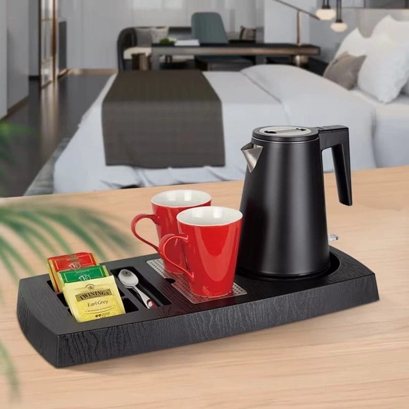 DERBAL 1.8L stainless steel hotel electric kettle with spill-proof ABS tray on minibar counter
