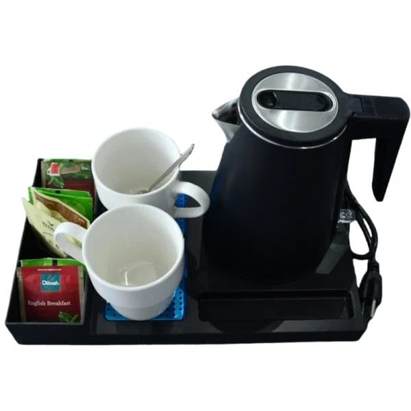 Premium hotel electric kettle amenity on wooden tray with custom logo engraving