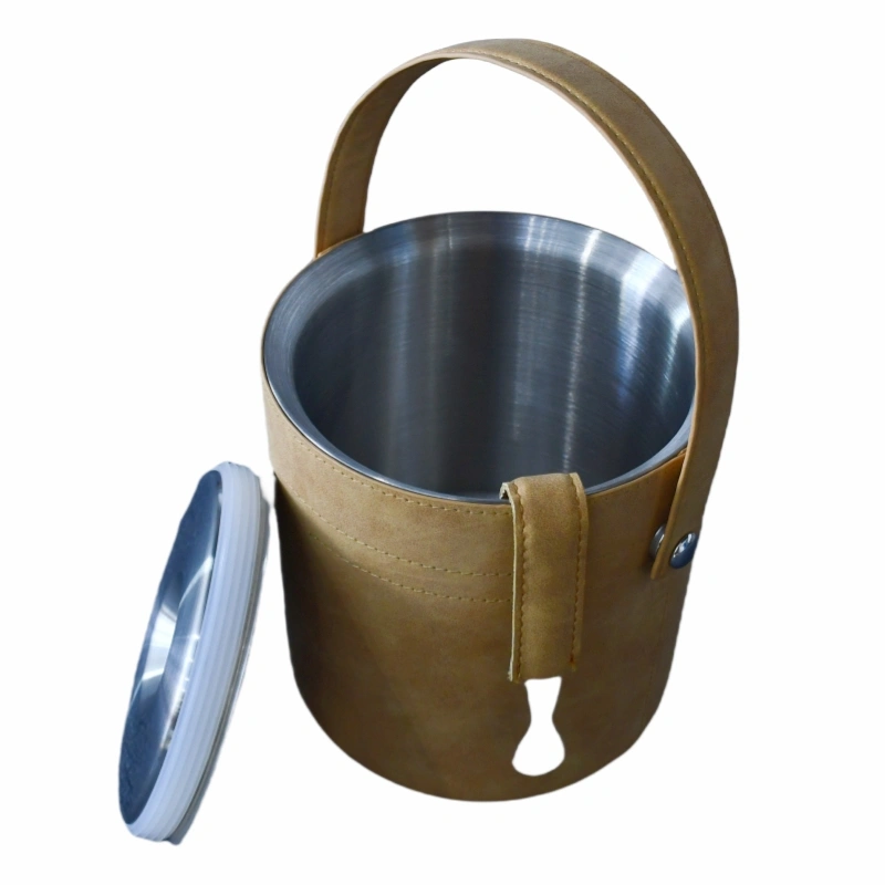 Stainless Steel Ice Bucket with Leather Cover, 2L Capacity for Bar and Hotel Use