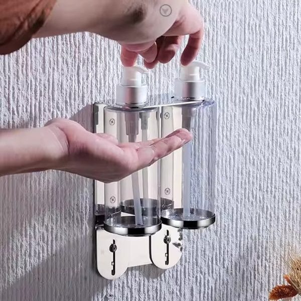 Close-up of DERBAL's rust-proof pump mechanism on a wall-mounted soap dispenser, highlighting polished 304 stainless steel build and anti-corrosion coating, tested for marine humidity.