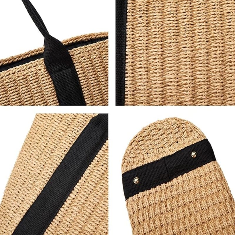 Spa-friendly straw tote bag with padded strap and internal phone pocket