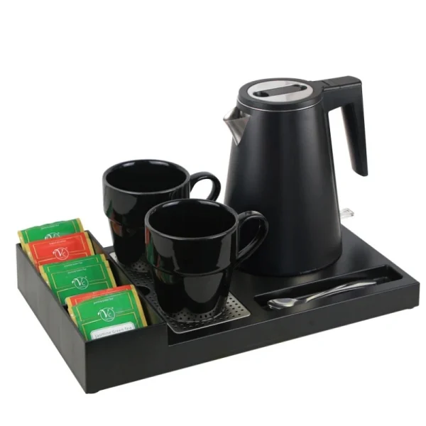 Stainless steel hotel electric kettle with double-layer anti-spill tray on melamine hospitality set
