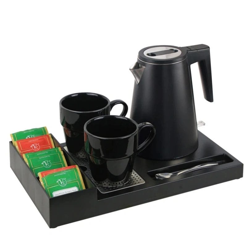 Stainless steel hotel electric kettle with double-layer anti-spill tray on melamine hospitality set