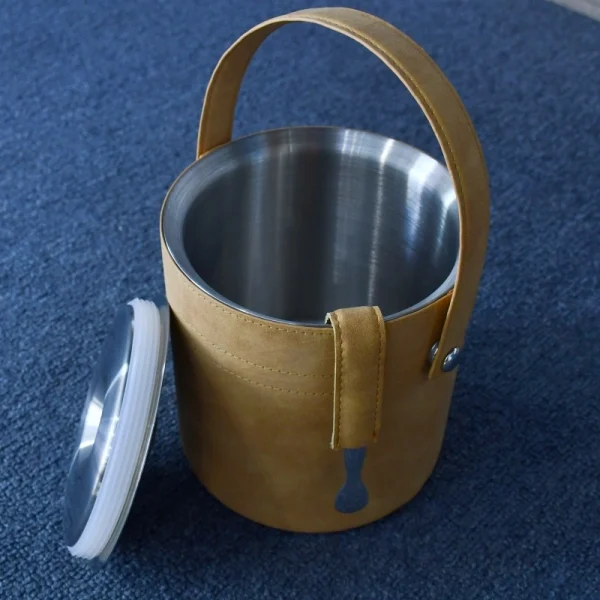 UV Stainless Steel Ice Bucket with Leather Lid, Coastal Resort Bar Essential