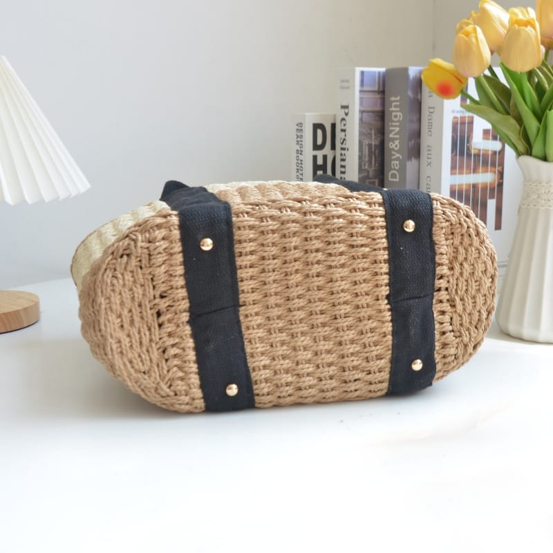 Stackable straw tote bags with hotel branding, bulk order option
