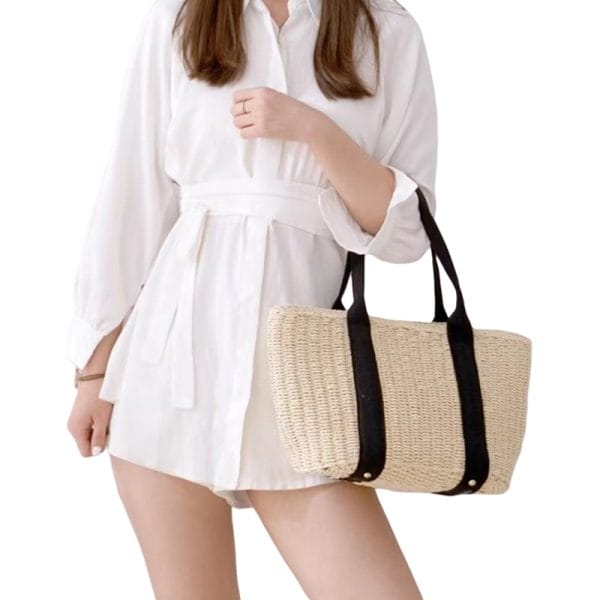 Convertible straw tote bag with detachable shoulder strap, travel organizer