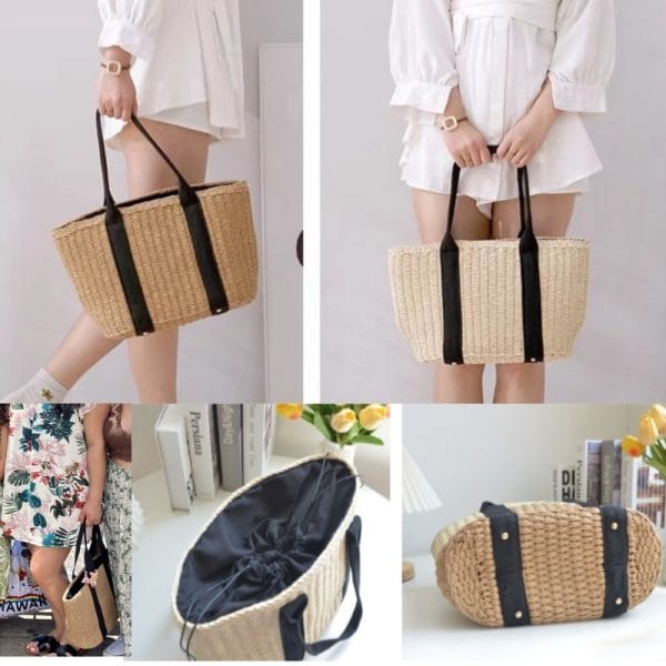 Waterproof straw tote bag with zippered interior, beach party essentials