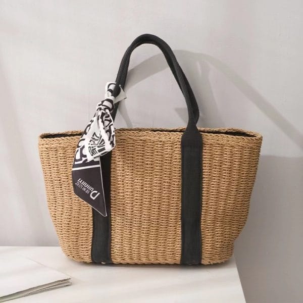 Customizable straw tote bag with ribbon handles, wedding favors for coastal weddings