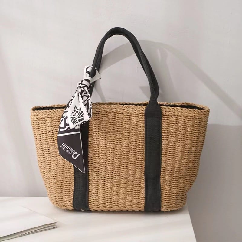 Customizable straw tote bag with ribbon handles, wedding favors for coastal weddings