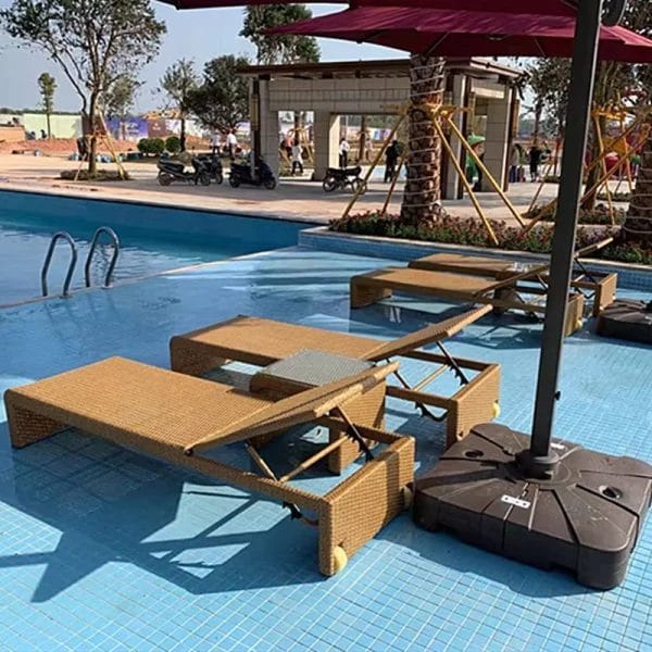 Folded DERBAL Pool Lounge Sun Bed stored in 15cm depth for cabana space optimization – deployed 100 units in