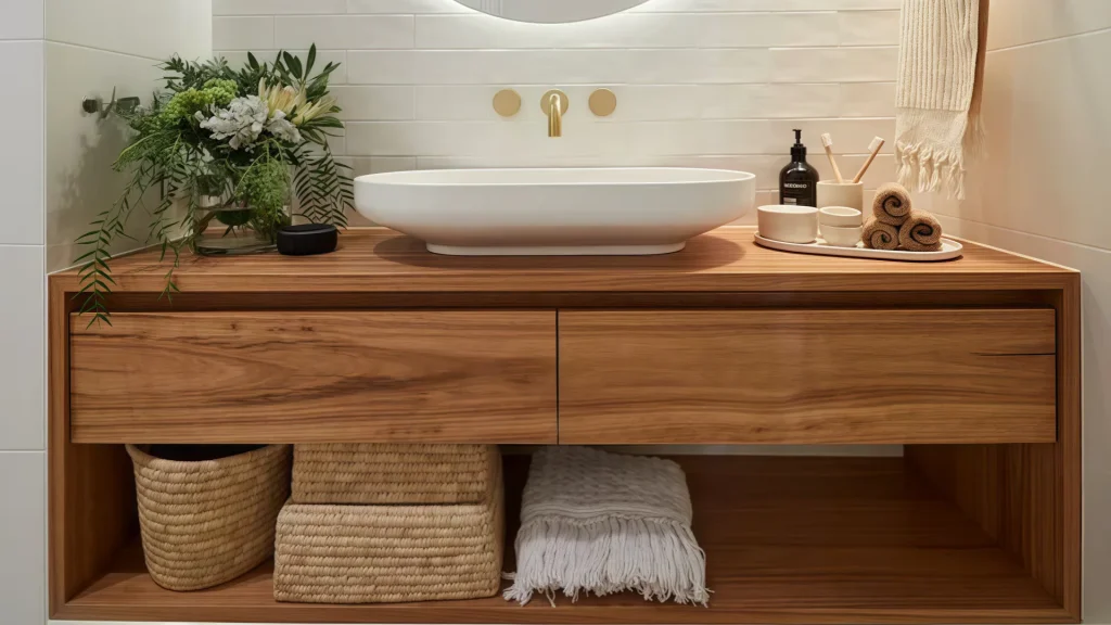 1200mm luxury hotel vanity unit with black fluted design, marble-effect countertop, and open shelving for guest amenities.