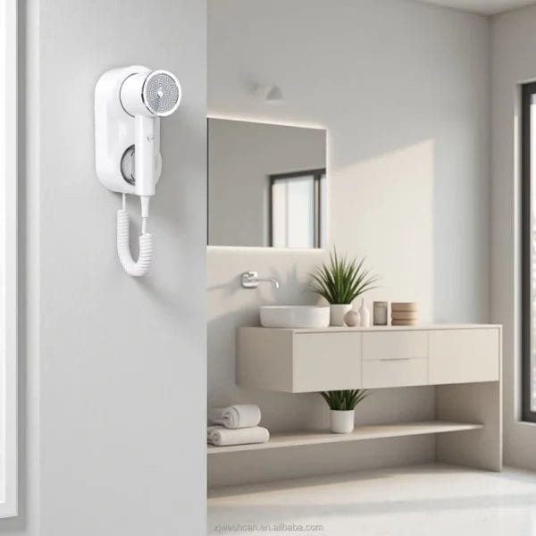 Touch-sensor Wall Mounted Hair Dryer at St. Regis Maldives – auto-activates when held, deters theft with tamper-proof screws