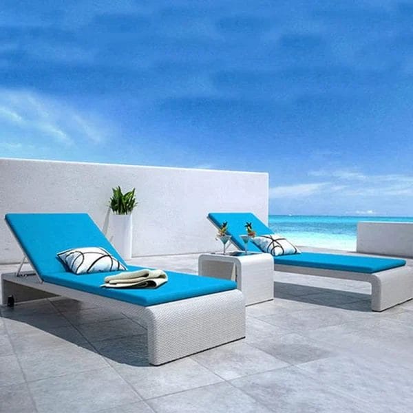 UV-resistant Pool Lounge Sun Bed in white PE rattan deflecting 55°C desert heat at Emerald Palace Kempinski Dubai poolside.