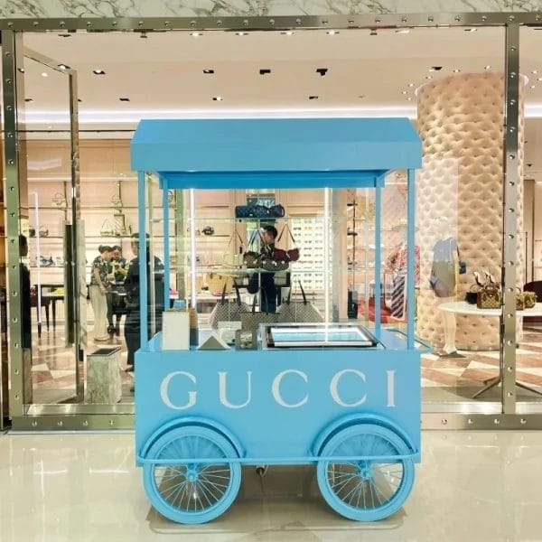 Commercial Ice Cream Cart with puncture-proof wheels on sandy terrain at Raffles Seychelles.
