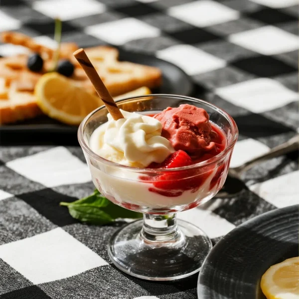 Versatile large dessert glass ice cream glass for sundaes and cocktails.