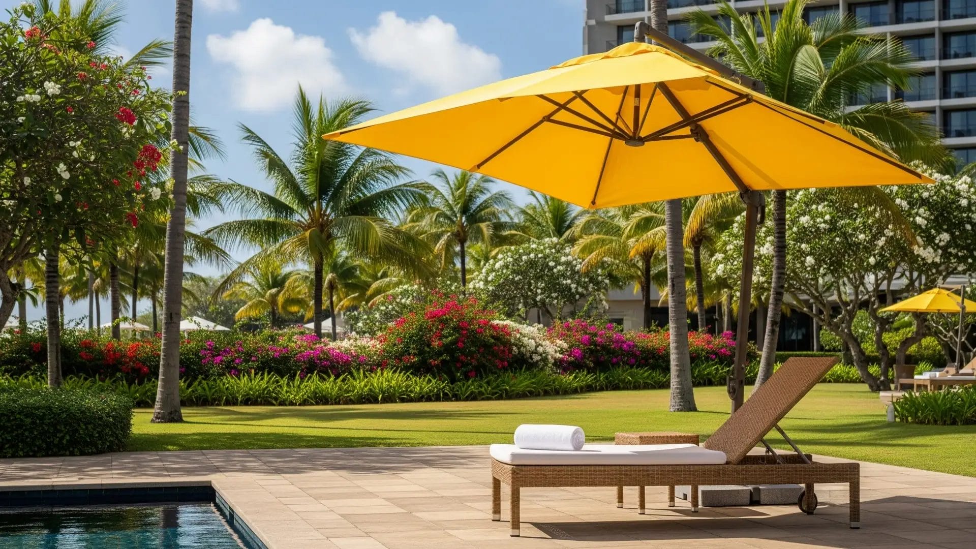 A close-up of a hotel sun umbrella canopy featuring a custom embroidered hotel logo, shading an outdoor dining table.